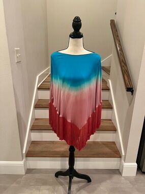 New Gradient Fringe Poncho Tunic in Blue, Pink & Red